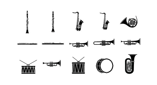 Minimalist flat vector illustration set of musical instrument icons arranged in a clean grid layout.