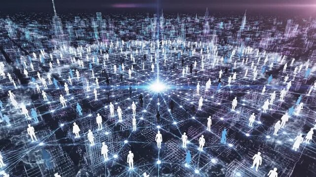 Digital Network of People Connecting in a Futuristic Cityscape with Glowing Lines and Central Light Source.