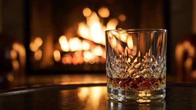 Warm and cozy fireplace glow behind a glass of amber whiskey.