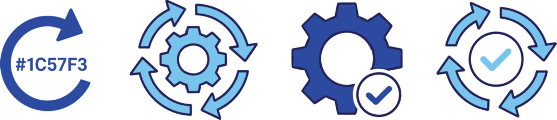 Obraz premium Set of Blue Automation Icons Featuring Gears Synchronization Arrows and Checkmarks for Software Updates System Maintenance and Efficient Business Processes