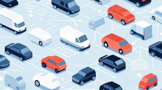 Smart City Autonomous Vehicle Traffic Management System with Connected Cars and Logistics Trucks Isometric Illustration for IoT Technology
