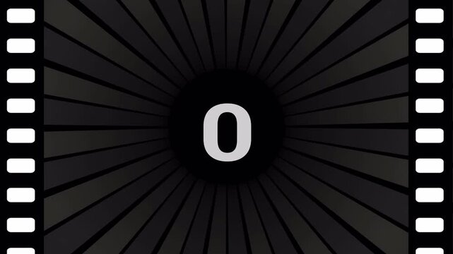 Retro cinema intro 5 4 3 2 1 0, animated 5 second old film countdown on black background. 4k video