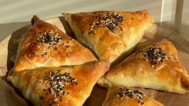 Traditional meat samsa for Ramadan Iftar on a luxury ash wood stump board. Golden puff pastry with sesame seeds in bright sunlight. Homemade Halal food for breaking the fast, Ramadan Kareem.