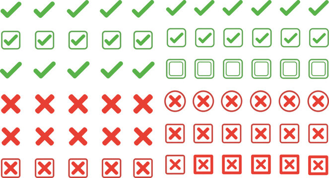 Vector check mark and cross icon set, green tick and red x marks, yes or no symbols, isolated, right or wrong.