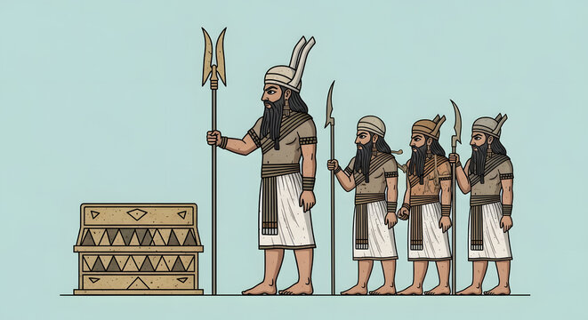 A flat style drawing of ancient mythological figures holding spears next to a decorative chest