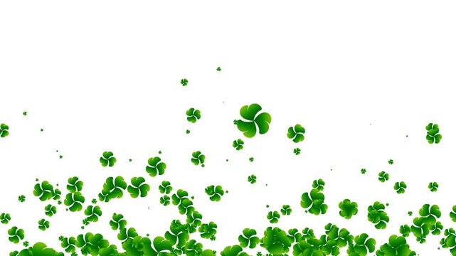 Animated green shamrocks floating and swirling against a clean white background, symbolizing luck and St. Patrick's Day celebration.