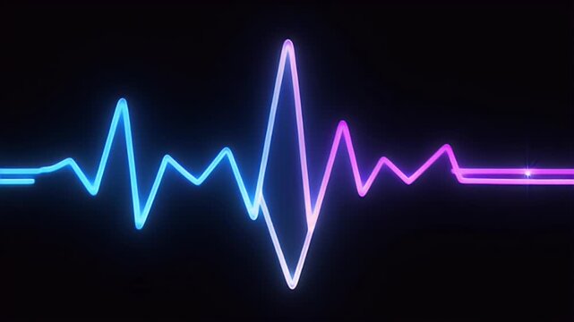 Vibrant neon blue and pink digital waveform pulsating rhythmically across a dark background, symbolizing energy, sound, or advanced electronic data streams