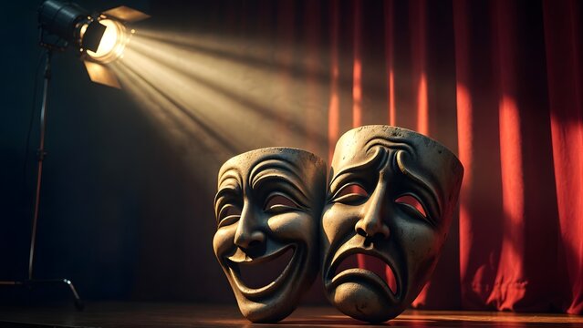 Comedy and Tragedy Masks Illuminated by Stage Spotlight on Theater Stage