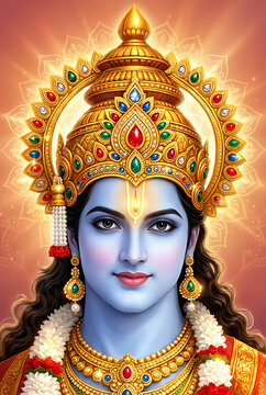 Radiant lord rama portrait with golden ornaments for rama puja ram navami and dussehra spiritual events depicting the noble king and protector of the world