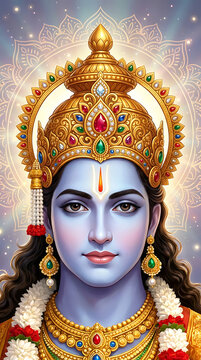 Powerful lord rama portrait with shimmering crown for rama puja ram navami and dussehra festivals depicting spiritual enlightenment and moral values in colorful digital illustration