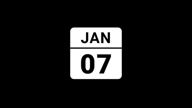 Animated Calendar Icon January 7th Date White Isolated On Black Background