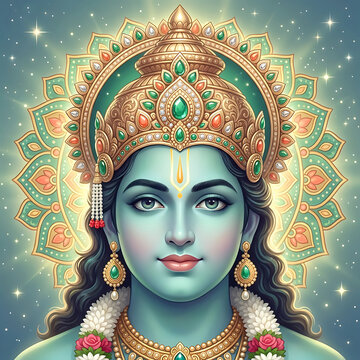 Peaceful lord rama portrait with green gems for rama puja ram navami and dussehra occasion representing cosmic balance and truth in elegant spiritual character design