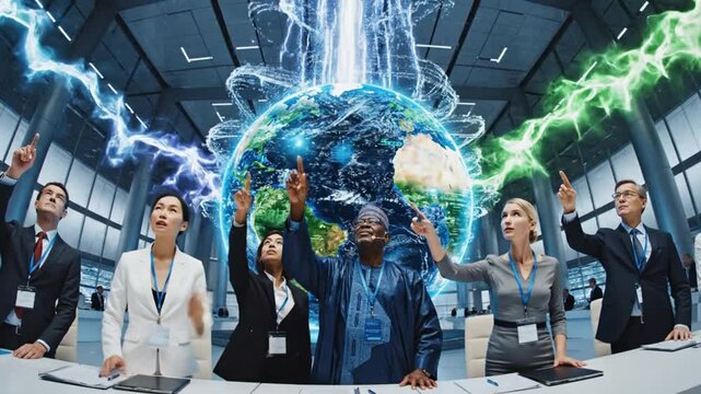 Diverse Business Team in Control Room with Global Data and Energy Streams.