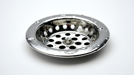 Isolated Chrome Sink Strainer with Water Droplets on White Background under Bright Lighting