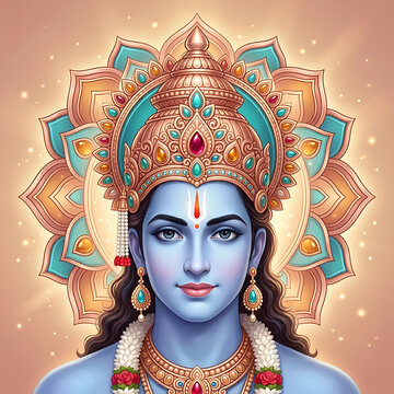 Beautiful illustration of lord rama with turquoise crown and floral garlands suitable for sacred rama puja and ram navami events and divine dussehra festival design art