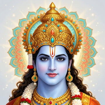 Graceful avatar of lord rama with shining golden mukut and radiant halo designed for holy rama puja and ram navami festivities along with historical dussehra festival
