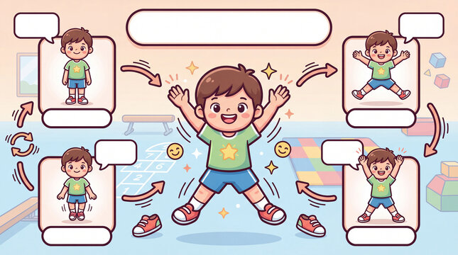 Jumping Jack Exercise Infographic Template No Text Cute Cartoon Kids Fitness Poster with Blank Banner.