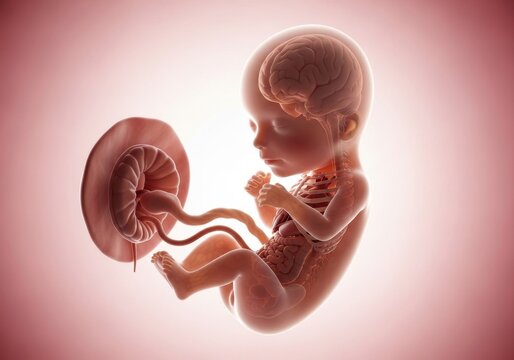 Fetus inside the womb with transparent amniotic sac and placenta visible