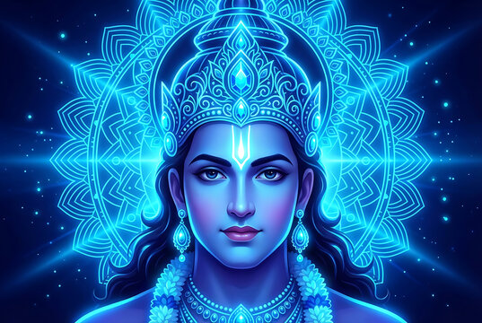 Luminous blue portrait of lord rama featuring neon glowing mandala and crown perfect for spiritual rama puja and ram navami celebrations plus auspicious dussehra festival background