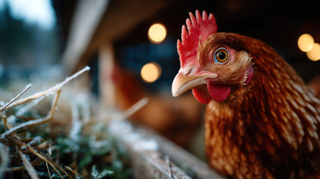 Close up brown hen pecking near compost heap with straw and bokeh lights for farm animal background and organic farming poster design