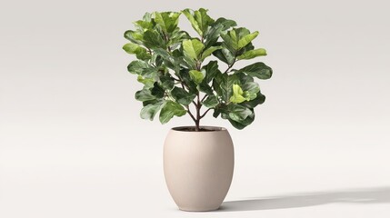Obraz premium Fiddle Leaf Fig Plant with Large Green Leaves in Beige Textured Planter Against White Background Interior Decor Bright Lighting Studio Shot