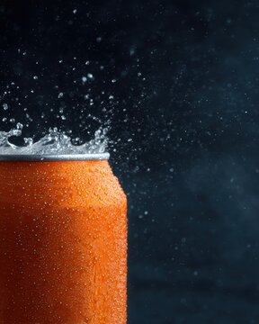 Close-up soda can with orange liquid splash, dramatic dark background, frozen droplets, energetic beverage advertising style