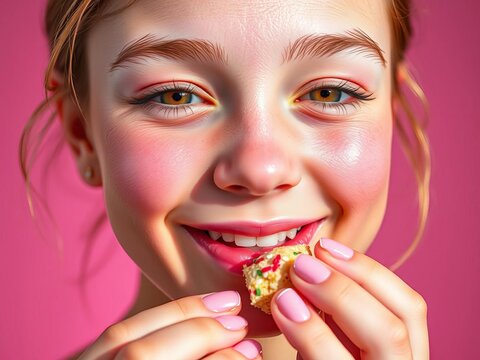 A sweet face adorned with edible hues, focused on the joyous act of self-feeding ,  edible,  delicious
