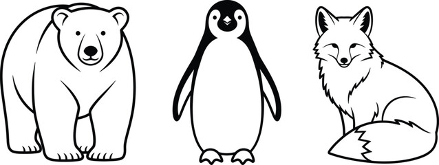 Simple black and white vector illustration of arctic animals featuring a polar bear penguin and arctic fox ideal for educational content or childrens projects © Zohaib