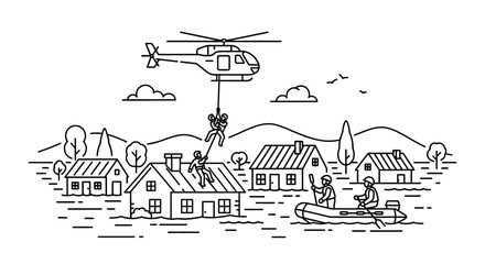 Obraz premium Helicopter rescue and boat evacuation during flood disaster, people saving lives