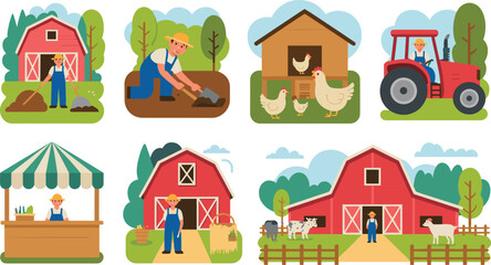 Cute farm life vector collection featuring red barns farmers driving tractors and friendly farm animals in a charming cartoon storybook style for kids © MdIbrahimIslam
