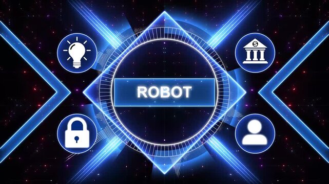 Industrial automation technology concept. Collaborative robot, cobot, Modern Technology, Internet and social media icons 4K animation background.