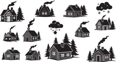Fototapeta premium Black and white houses with smoke and trees illustration