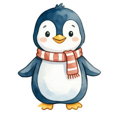 Obraz premium Cute cartoon baby penguin wearing a Christmas hat and holding ice cream while standing in snowy winter arctic scene with fun and playful style illustration