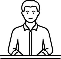 Obraz premium Hand Drawn Man Sitting at Desk Black and White Avatar Illustration in Minimal Line Art Style Design