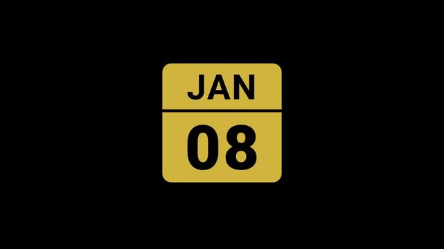 Animated Calendar Icon January 8th Date Metallic Gold Isolated On Black Background