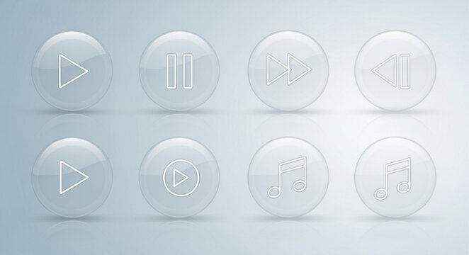 Collection of transparent glass media player buttons and icons.