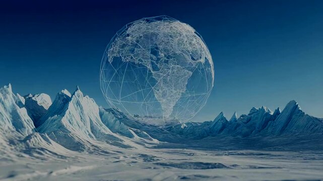 Digital globe over icy mountains with network lines