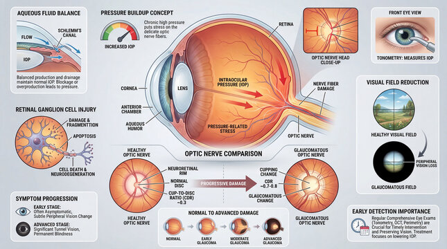 Glaucoma Optic Nerve Damage Medical Educational Infographic for Eye Pressure and Vision Loss Awareness.