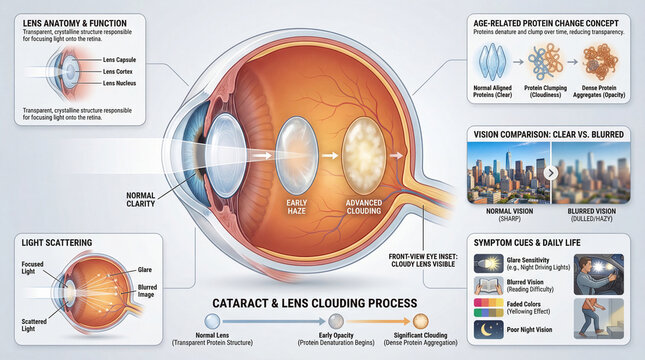 Cataract Lens Clouding Process Medical Educational Infographic for Vision Change and Eye Health Awareness.