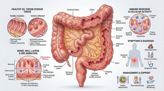 Crohn Disease Intestinal Inflammation Educational Infographic with Realistic Bowel Anatomy and Immune Process Labels.