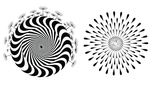 A black and white illustration of dandelion clock and spiral designs