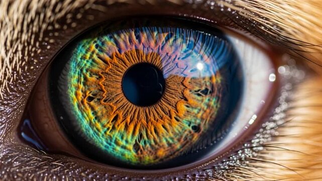 Close-up shot of a colorful eye with vibrant orange, green, and blue iris patterns.