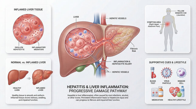 Hepatitis Liver Inflammation and Damage Educational Infographic with Labeled Liver Structure and Disease Process.