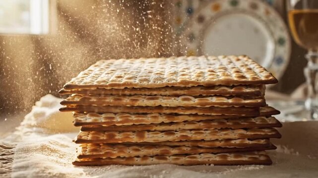 Stacked Matzah Bread on Linen Cloth with Window Light and Flour Dust for Passover Tradition