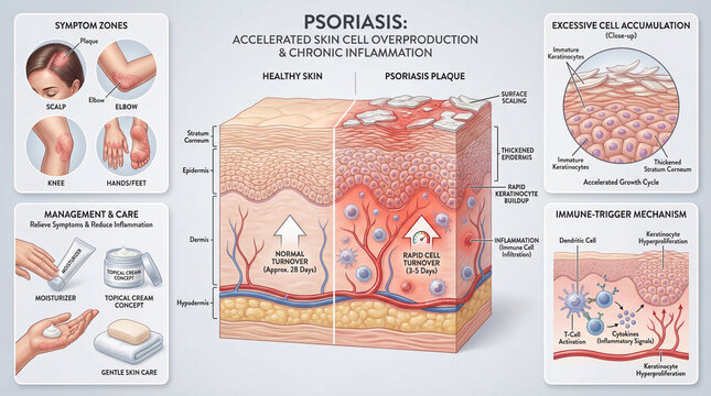 Psoriasis Skin Cell Overproduction Medical Educational Infographic for Dermatology Patient Awareness.