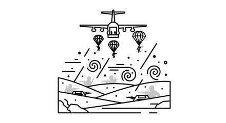 Obraz premium Military Air Drop Paratroopers Landing in Combat Zone with Tanks and Soldiers