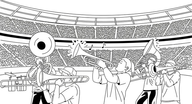 Marching band performing in stadium, black and white line art