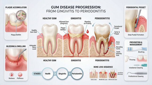Gum Disease Gingivitis to Periodontitis Medical Educational Infographic for Dental Patient Education.