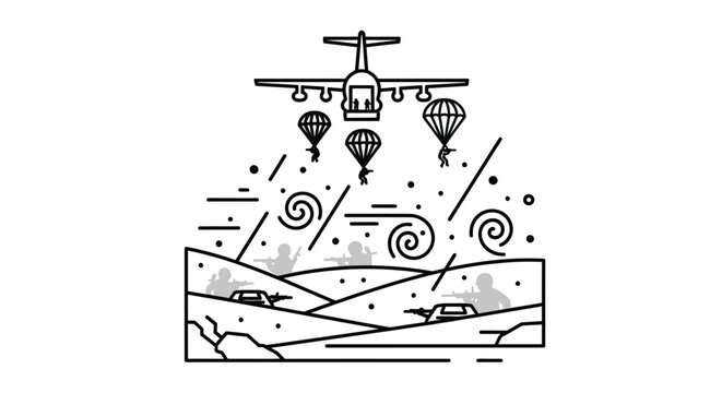 Military Air Drop Paratroopers Landing in Combat Zone with Tanks and Soldiers