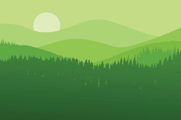 Obraz premium Green Hills Landscape with Sun and Forest Layers Minimalist Vector Art
